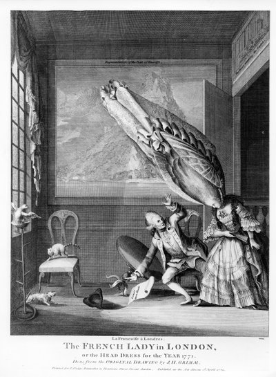 La dama francesa en Londres o El tocado del año 1771, impreso para S. Sledge, 1771 de Samuel Hieronymous Grimm