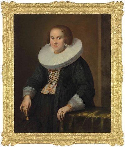 Retrato de una joven, de medio cuerpo, sosteniendo una pluma, c.1636 (óleo sobre lienzo) de Samuel Hofmann