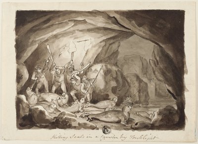Matando focas en una caverna a la luz de las antorchas (anverso); boceto de cazadores y tabla (reverso) de Samuel Howett