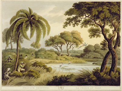 Caza de pavos reales, de Deportes de campo orientales, pub. por Edward Orme, 1807 de Samuel Howett