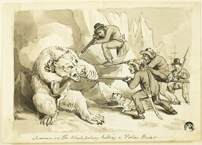 Marineros en la pesca de ballenas matando un oso polar (recto); Concha (verso) de Samuel Howett