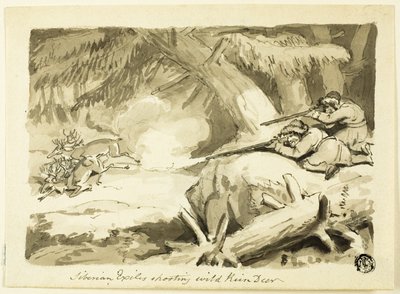 Exiliados siberianos disparando a renos salvajes (recto); Concha (verso) de Samuel Howett