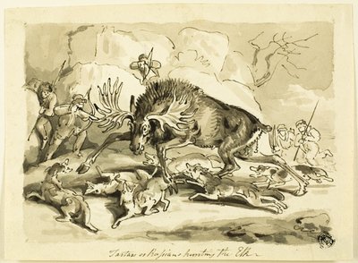 Tártaros o rusos cazando un alce de Samuel Howett
