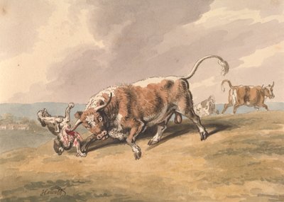 Un toro ataca a un perro de Samuel Howitt