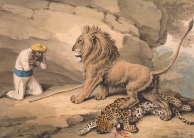 Un león sobre un leopardo herido de Samuel Howitt