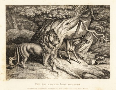 Un burro rebuzna ruidosamente ante una presa mientras caza con un león. 1811 (grabado) de Samuel Howitt