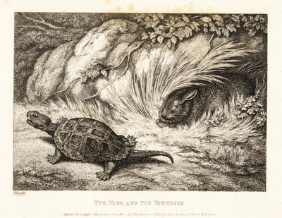 Una tortuga adelanta a una liebre dormida en una carrera. 1811 (grabado) de Samuel Howitt