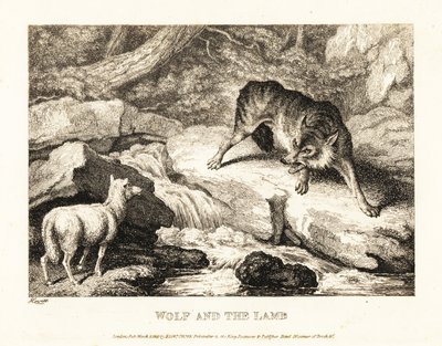 Un lobo intenta justificar la muerte de un cordero cerca de un río. 1811 (grabado) de Samuel Howitt