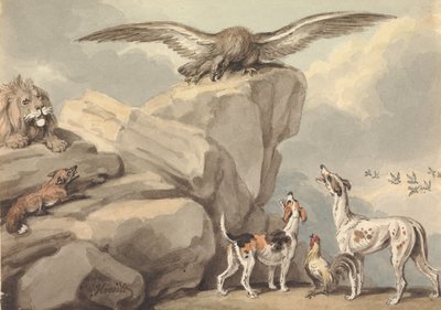 Un águila posada sobre una roca; un león, un zorro, dos sabuesos y un gallo (posiblemente para «Las fábulas de Esopo») de Samuel Howitt