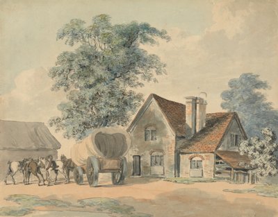 Caballos y carromato en el exterior de una casa de campo de Samuel Howitt
