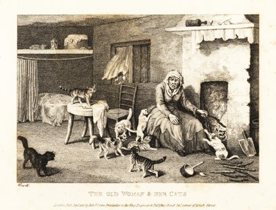 Vieja bruja sentada en la chimenea de un tugurio rodeada de gatos. 1811 (grabado) de Samuel Howitt