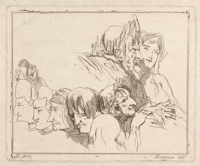 Tres aguafuertes colocados en una hoja: Estudios de cabezas de Samuel Ireland