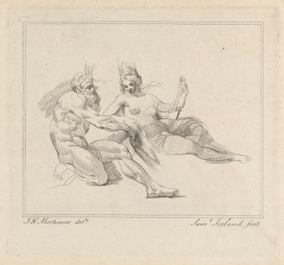 Tres aguafuertes colocados en una hoja: Dos figuras mitológicas de Samuel Ireland