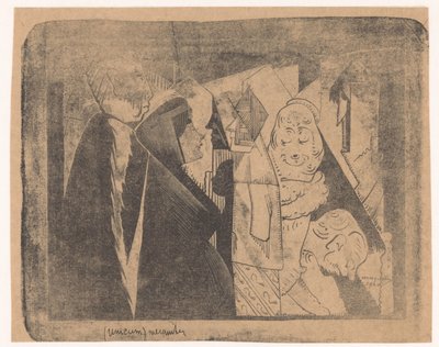 Fantasía: varias figuras, la segunda desde la izquierda una mujer con el rostro moteado de perfil a la derecha de Samuel Jessurun de Mesquita (signed by artist)