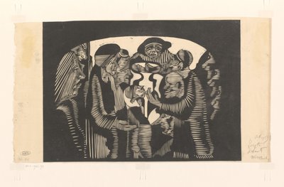 Grupo de figuras en un arco
Representación visionaria: grupo de figuras encerradas en forma de arco, en el centro superior un hombre frontal con sombrero de Samuel Jessurun de Mesquita (signed by artist)