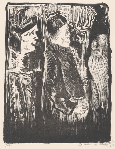 Fantasía: a la izquierda, dos figuras con capirotes a la derecha; a la derecha, una aparición incisa con plumaje de Samuel Jessurun de Mesquita