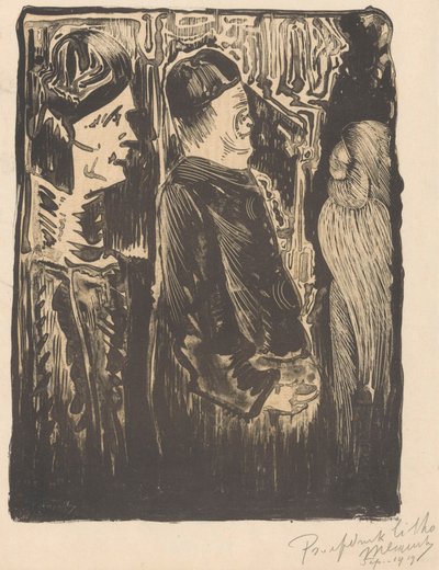 Fantasía: a la izquierda, dos figuras con capirotes a la derecha; a la derecha, una aparición incisa con plumaje de Samuel Jessurun de Mesquita