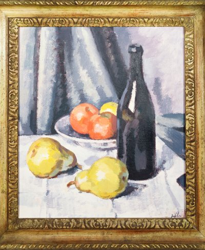 Manzanas, peras y una botella negra en una mesa con mantel, c.1928 de Samuel John Peploe