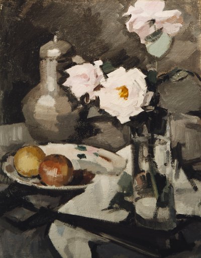 Rosas rosadas en un jarrón de vidrio, c. 1924 de Samuel John Peploe