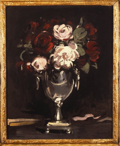 Rosas rojas y blancas en una urna de plata de Samuel John Peploe