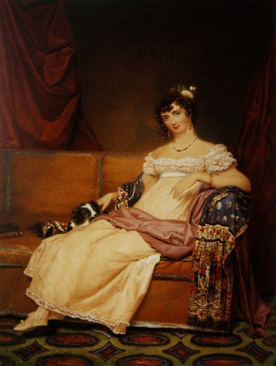 Lady Waterhouse sentada en un sofá con su spaniel de Samuel John Stump