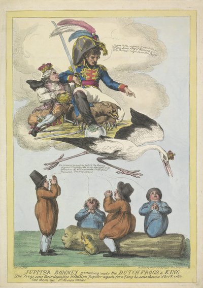 Napoleón envía a Luis Napoleón como rey en forma de cigüeña a Holanda, 1806 Júpiter Bonney otorgando a las ranas holandesas un rey (título sobre el objeto) de Samuel Knight