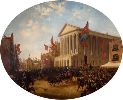 El duque de Cambridge saliendo del Ayuntamiento, Birmingham, 1857 de Samuel Lines
