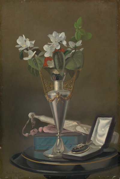 Naturaleza muerta con abanico y colgante de Samuel Marsden Brookes