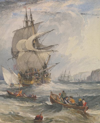 Barcos de vela y pequeñas embarcaciones en mar gruesa frente a la costa de Samuel Owen
