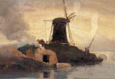 Molino de viento y horno de ladrillos en la ribera (óleo sobre tabla) de Samuel Owen