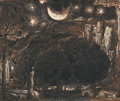 Un pastor y su rebaño bajo la luna y las estrellas de Samuel Palmer