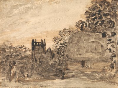 Cabaña con tejado de paja e iglesia de Samuel Palmer