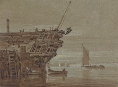 Un East Indiaman amarrado, pequeñas embarcaciones junto a él, otras embarcaciones más alejadas de Samuel Prout