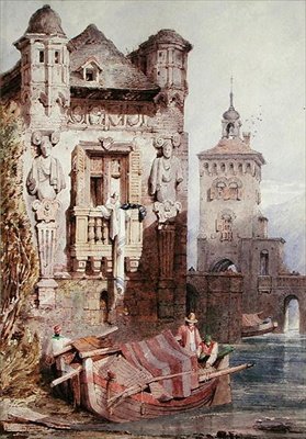 Figuras en un bote con edificios de Samuel Prout