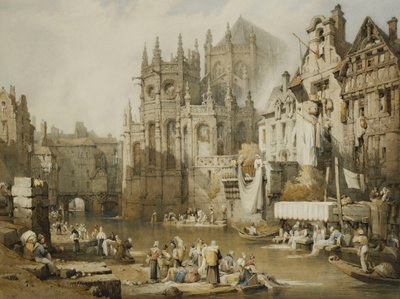 Figuras en las orillas del río en St. Etienne, Caen de Samuel Prout