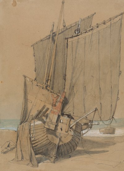 Barcos de pesca en la playa con las velas secándose de Samuel Prout