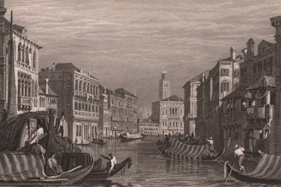 Góndolas en el Gran Canal (Canal Grande), Venecia, Véneto, Italia, grabado en acero según dibujo de Samuel Prout (1783-1852), 15x11,5 cm aprox. de Samuel Prout