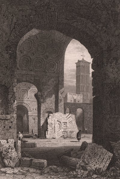 El Templo de la Paz o el Foro de Vespasiano, Roma, Lacio, Italia, grabado en acero a partir de un dibujo de Samuel Prout (1783-1852), ca 15x115 cm de Samuel Prout