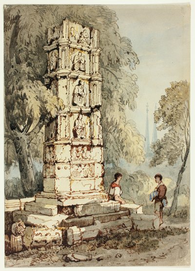 Dos figuras junto a ruinas medievales, con una iglesia a lo lejos de Samuel Prout