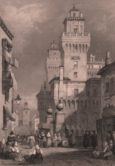 Vista del Castello Estense, Ferrara, Emilia-Romaña, Italia, grabado en acero de John Godfrey (hacia 1817-1889) sobre dibujo de Samuel Prout (1783-1852), 26x17 cm, publicado por Blackie and Son. de Samuel Prout