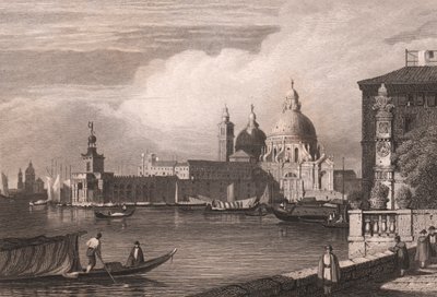 Vista del Gran Canal (Canal Grande) con la Punta della Dogana y la Basílica di Santa Maria della Salute al fondo, Venecia, Véneto, Italia, grabado en acero según dibujo de Samuel Prout (1783-1852), 15x11,5 cm aproximadamente. de Samuel Prout