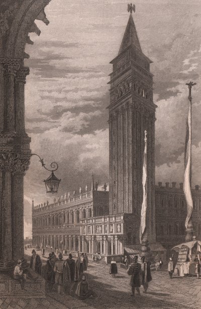 Vista del campanario de San Marcos en Venecia (Véneto, Italia), grabado en acero según dibujo de Samuel Prout (1783-1852), 15x11,5 cm aprox. de Samuel Prout