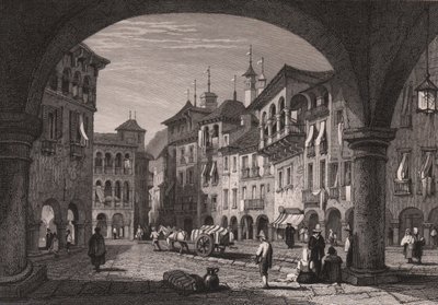 Vista de la plaza del mercado de Domodossola, Piamonte, Italia, grabado en acero a partir de un dibujo de Samuel Prout (1783-1852), 16x11 cm aprox. de Samuel Prout