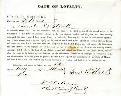 Juramento de lealtad de Samuel R. Black de Missouri, Condado de St. Louis de Samuel R. Black