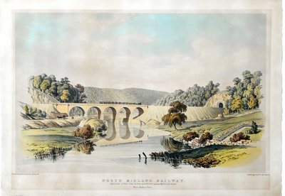 Puente del ferrocarril North Midland sobre el río Derwent y la carretera de Matlock, cerca de Amber Gate. 1840 (litografía coloreada a mano sobre papel) de Samuel Russell
