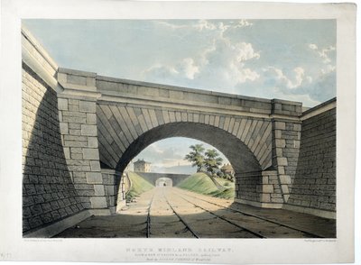 Ferrocarril North Midland. View of New Street Bridge etc in Belper, looking South, c.1840 (litografía coloreada a mano sobre papel) de Samuel Russell
