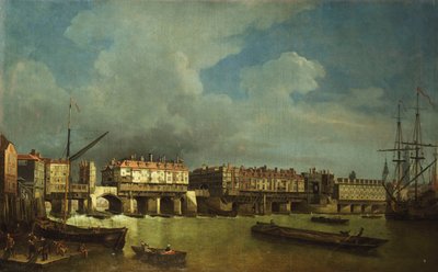 Vista del Puente de Londres antiguo con barcazas en el Támesis de Samuel Scott