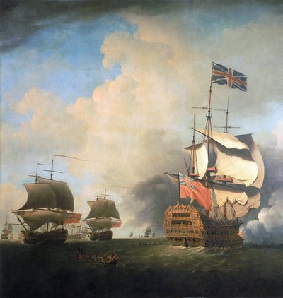 Barcos de guerra de la Marina Real Británica, maniobrando sus velas al viento. Óleo sobre lienzo, hacia 1736, de Samuel Scott (1702-1772). de Samuel Scott