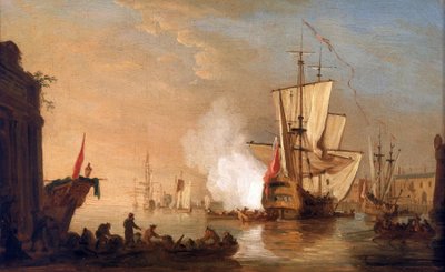 Buque de guerra británico disparando el cañón para saludar, a su llegada a puerto, cuyos edificios evocan un puerto del mar Mediterráneo. Óleo sobre lienzo, hacia 1765, de Samuel Scott (1702-1772). de Samuel Scott