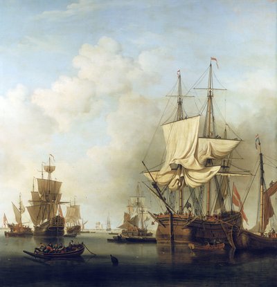 Barco danés de transporte de madera, en la desembocadura del Támesis, hacia Gravesend (Inglaterra). Óleo sobre lienzo de Samuel Scott